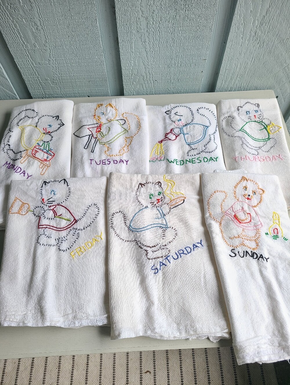 Vintage Embroidered Cat Day of the Week Tea Towels
